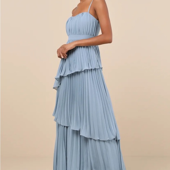 Lulus Jehona Dusty Blue Pleated Tiered Maxi Dress - Size XS. New - Picture 3 of 5